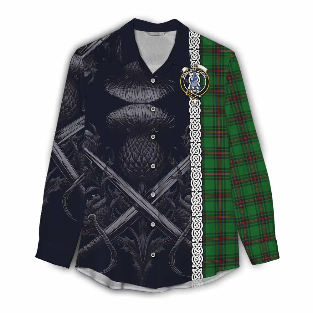 Tartan Vibes Clothing Ged Tartan Women's Casual Shirt with Family Crest Cross Sword Thistle Celtic Vibes