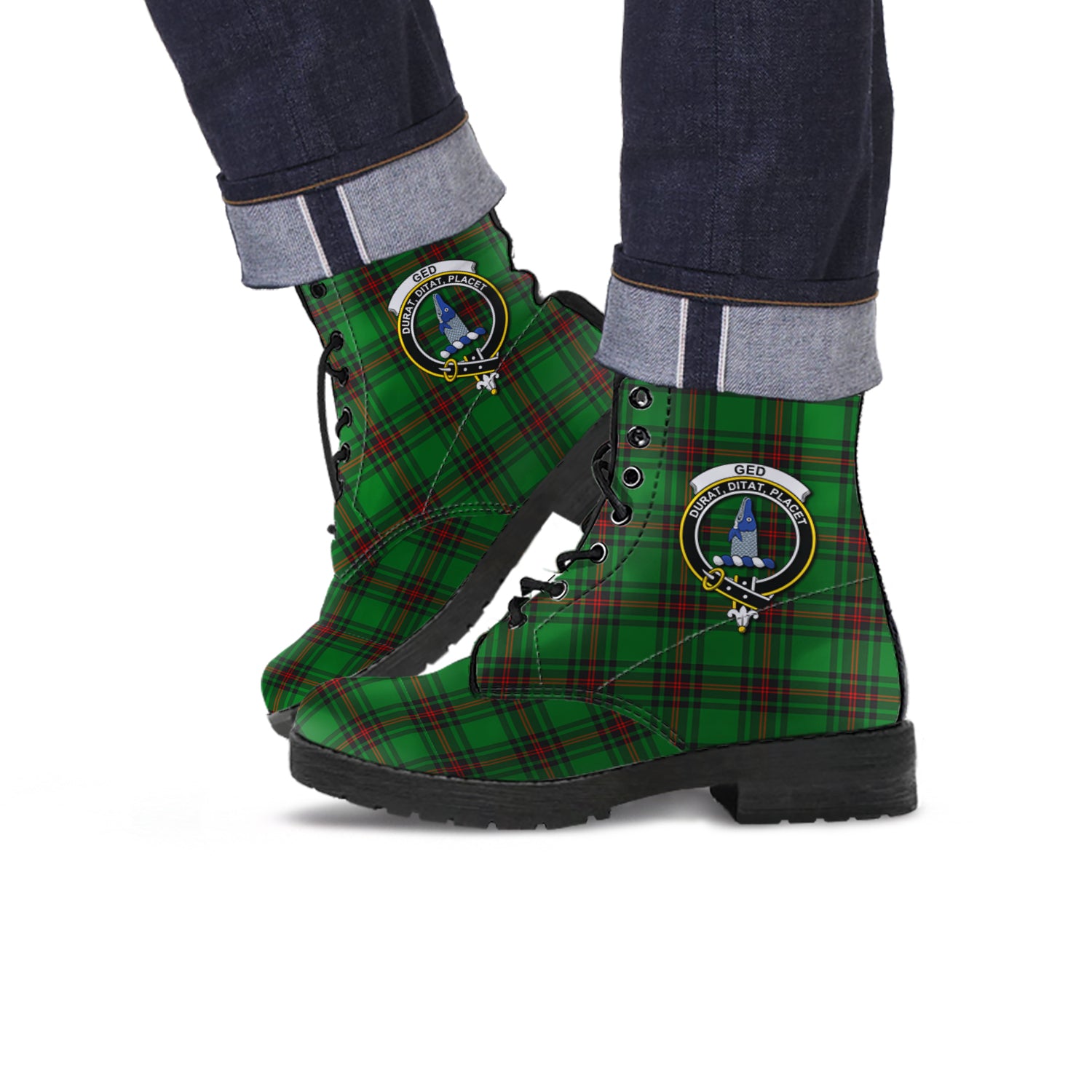 Ged Tartan Leather Boots with Family Crest Men' Boots - Tartan Vibes Clothing