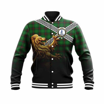 Tartan Vibes Clothing Ged Crest Tartan Baseball Jacket with Golden Lion Emblem Celtic Style