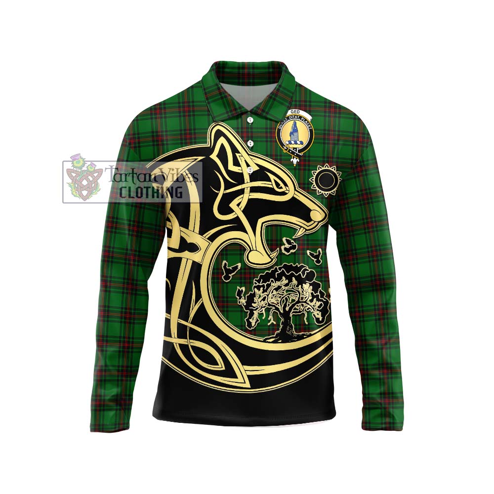Ged Tartan Long Sleeve Polo Shirt with Family Crest Celtic Wolf Style Unisex - Tartan Vibes Clothing
