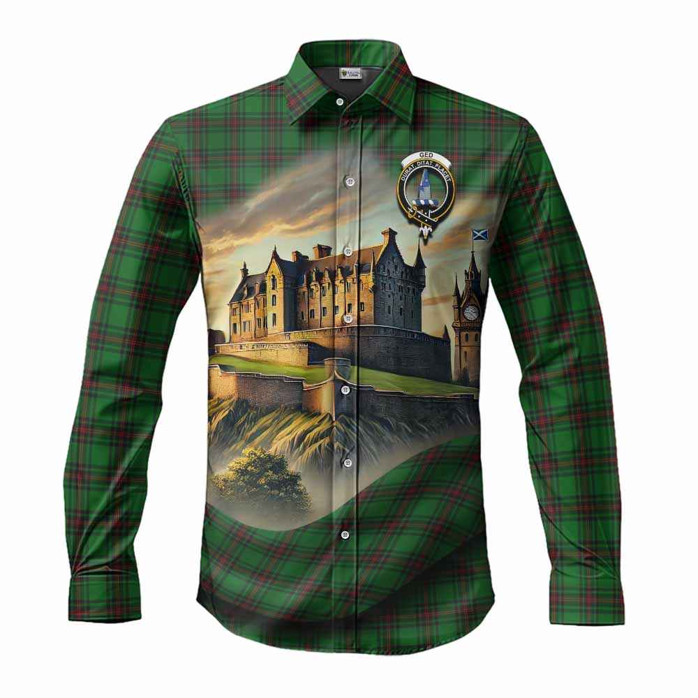 Tartan Vibes Clothing Ged Tartan Family Crest Long Sleeve Button Shirt with Scottish Ancient Castle Style