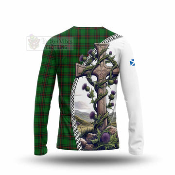 Ged Tartan Long Sleeve T-Shirt with Family Crest and St. Andrew's Cross Accented by Thistle Vines - Tartan Vibes Clothing