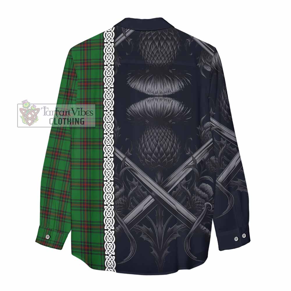 Tartan Vibes Clothing Ged Tartan Women's Casual Shirt with Family Crest Cross Sword Thistle Celtic Vibes