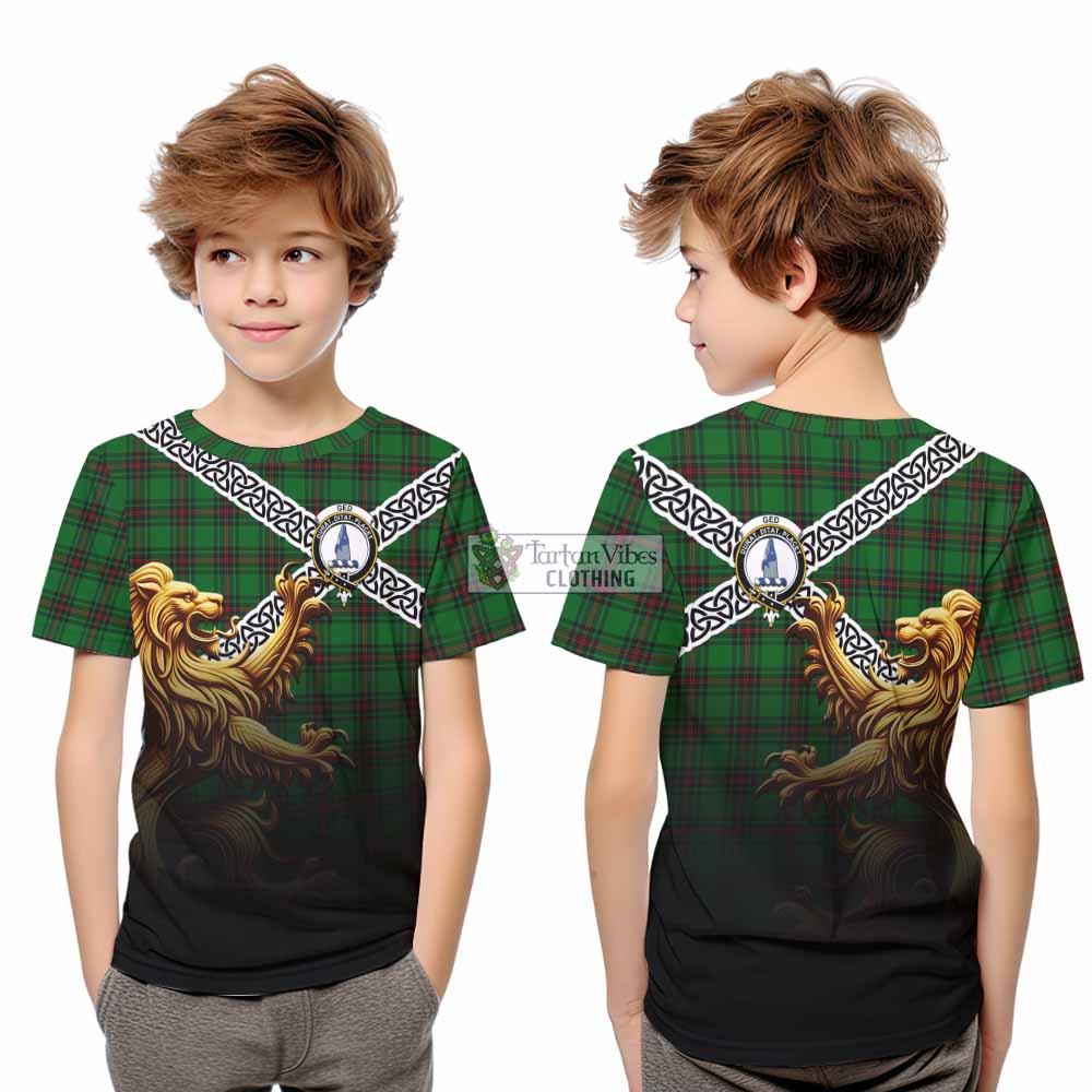 Ged Crest Tartan Kid T-Shirt with Golden Lion Emblem Celtic Style - Tartan Vibes Clothing