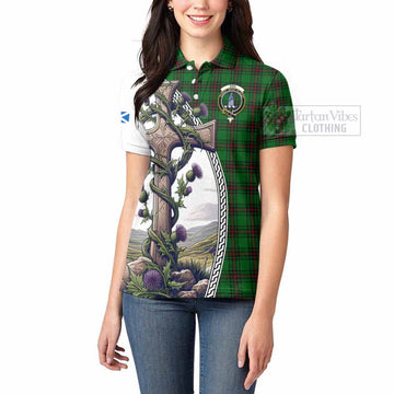 Ged Tartan Women's Polo Shirt with Family Crest and St. Andrew's Cross Accented by Thistle Vines - Tartan Vibes Clothing