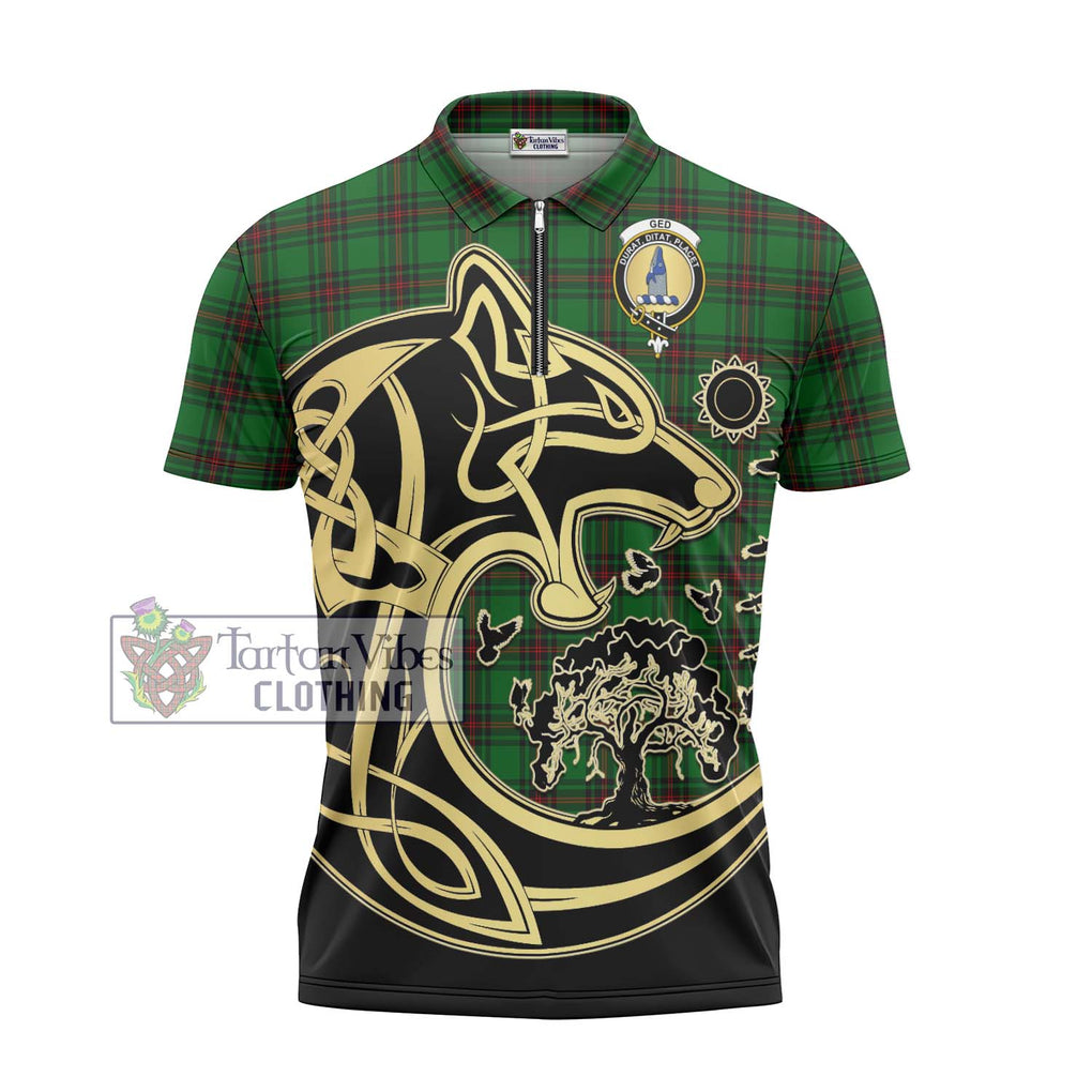 Ged Tartan Zipper Polo Shirt with Family Crest Celtic Wolf Style - Tartan Vibes Clothing