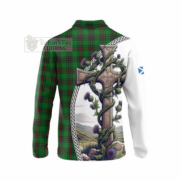 Ged Tartan Long Sleeve Polo Shirt with Family Crest and St. Andrew's Cross Accented by Thistle Vines - Tartan Vibes Clothing