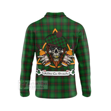 Ged Tartan Long Sleeve Polo Shirt with Family Crest and Bearded Skull Holding Bottles of Whiskey - Tartan Vibes Clothing
