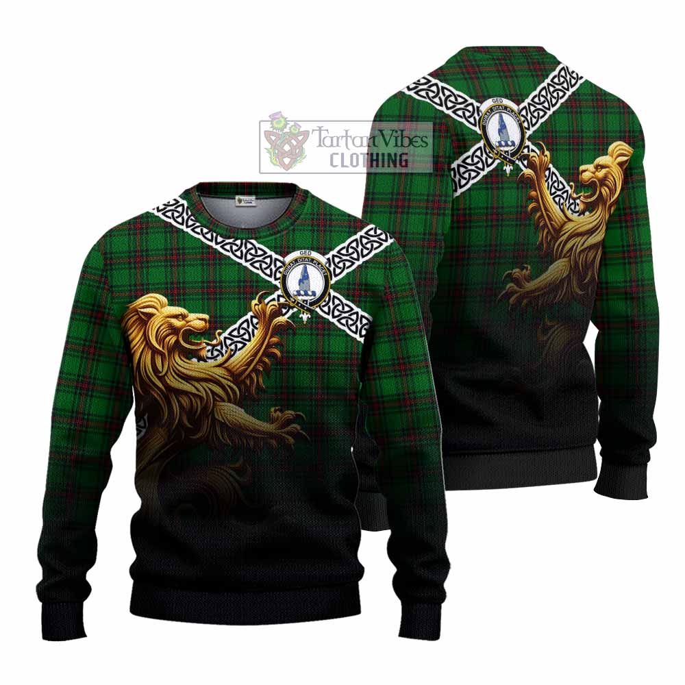 Ged Crest Tartan Knitted Sweater with Golden Lion Emblem Celtic Style - Tartan Vibes Clothing