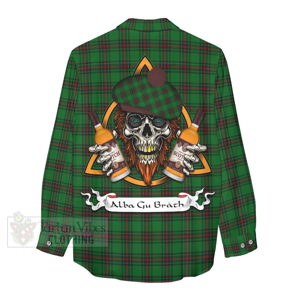 Tartan Vibes Clothing Ged Tartan Women's Casual Shirt with Family Crest and Bearded Skull Holding Bottles of Whiskey