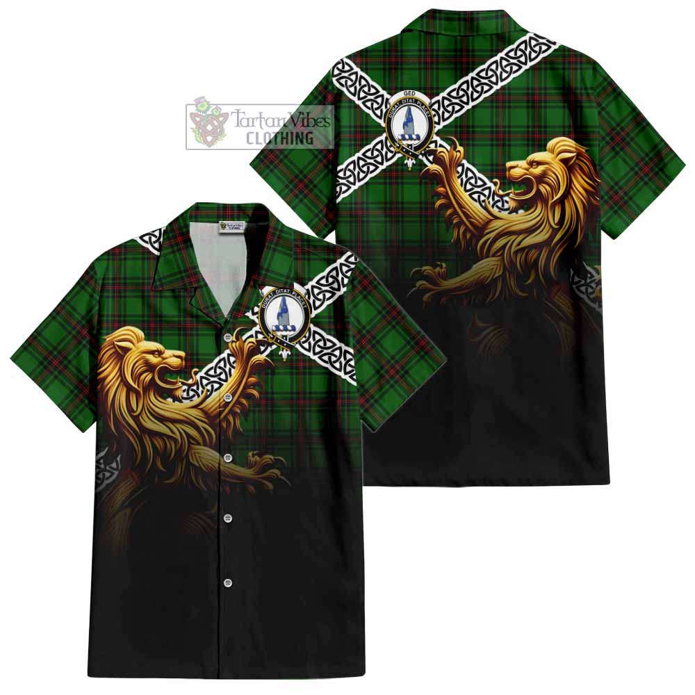 Ged Crest Tartan Hawaiian Shirt with Golden Lion Emblem Celtic Style - Tartan Vibes Clothing