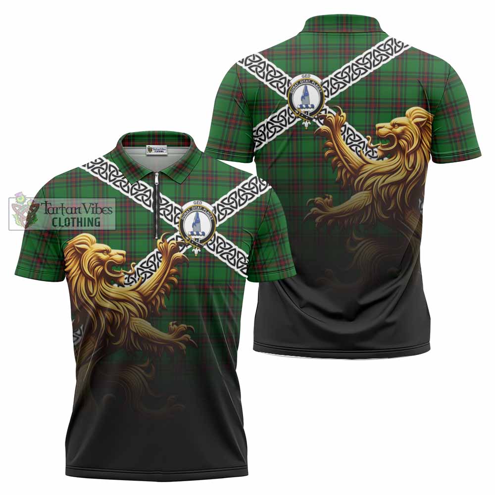 Ged Crest Tartan Zipper Polo Shirt with Golden Lion Emblem Celtic Style - Tartan Vibes Clothing