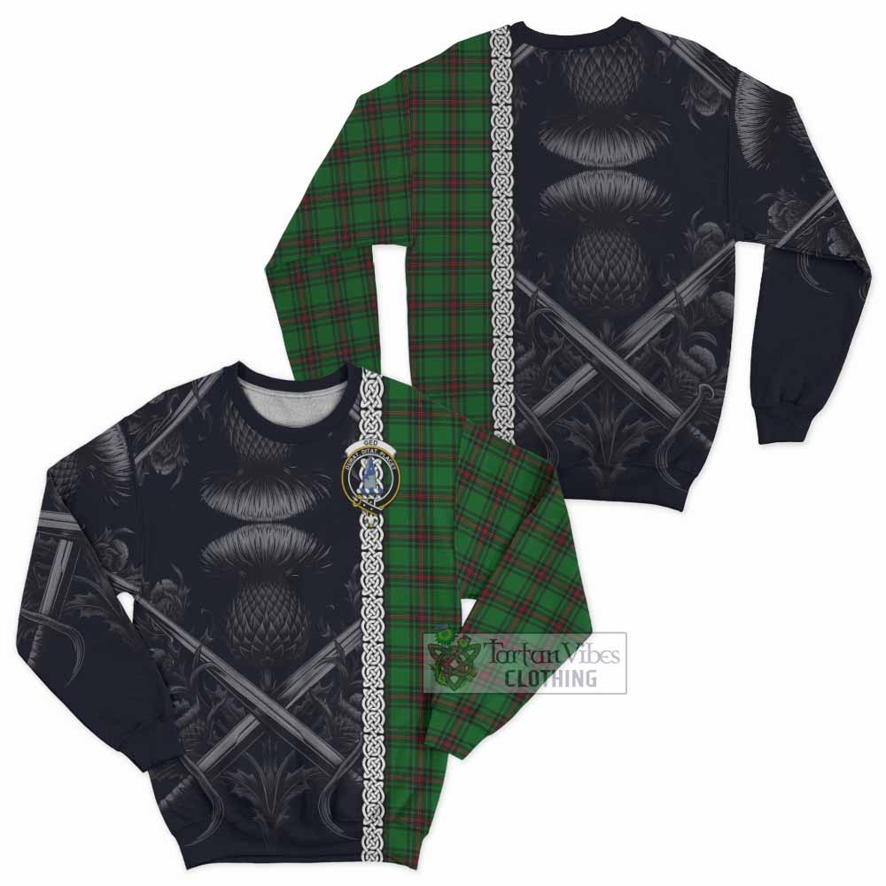 Ged Tartan Sweatshirt with Family Crest Cross Sword Thistle Celtic Vibes - Tartan Vibes Clothing