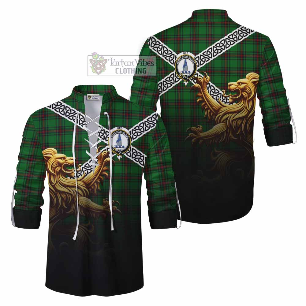 Tartan Vibes Clothing Ged Crest Tartan Ghillie Kilt Shirt with Golden Lion Emblem Celtic Style
