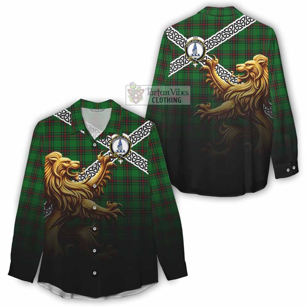 Tartan Vibes Clothing Ged Crest Tartan Women's Casual Shirt with Golden Lion Emblem Celtic Style