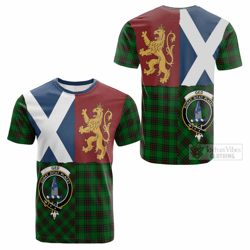 Ged Crest Tartan Cotton T-shirt with Lion Rampant Saltire Style - Tartan Vibes Clothing