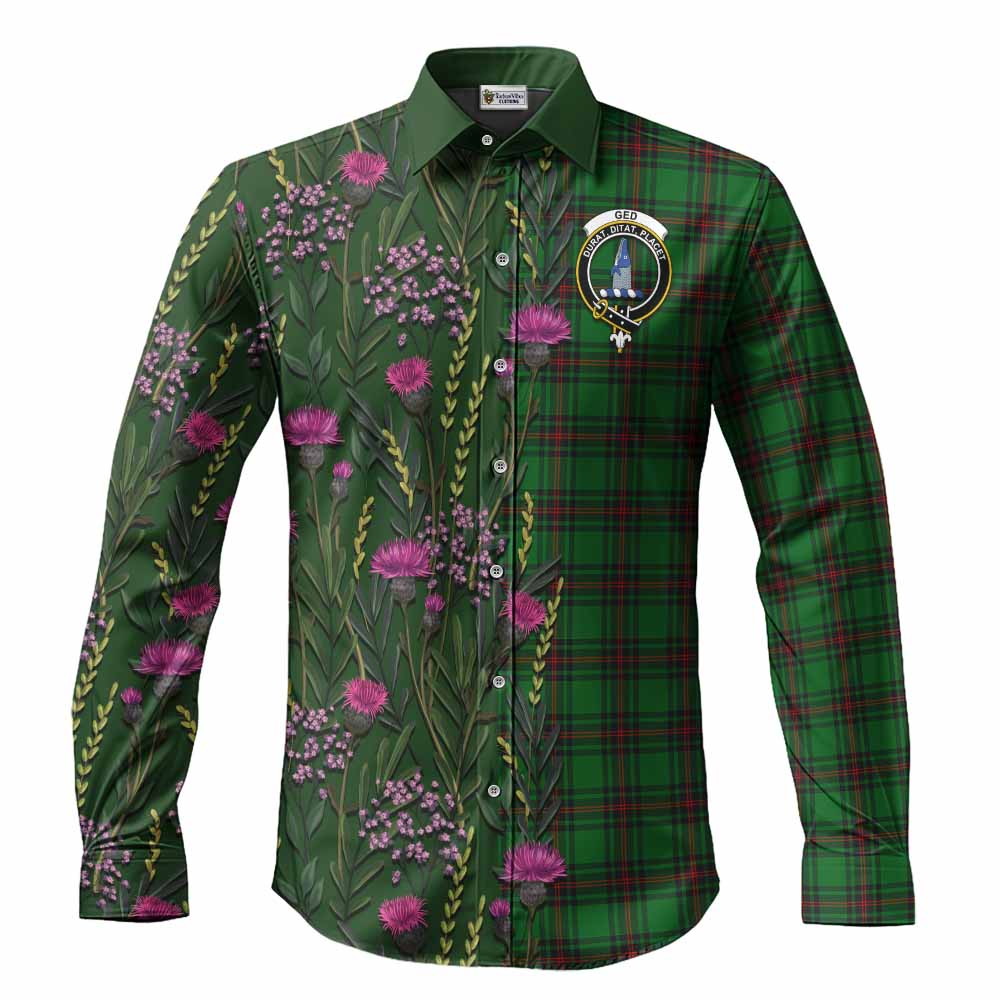 Ged Family Crest Tartan Long Sleeve Button Shirts Scottish Thistle Flower Pattern Half Style - Tartan Vibes Clothing
