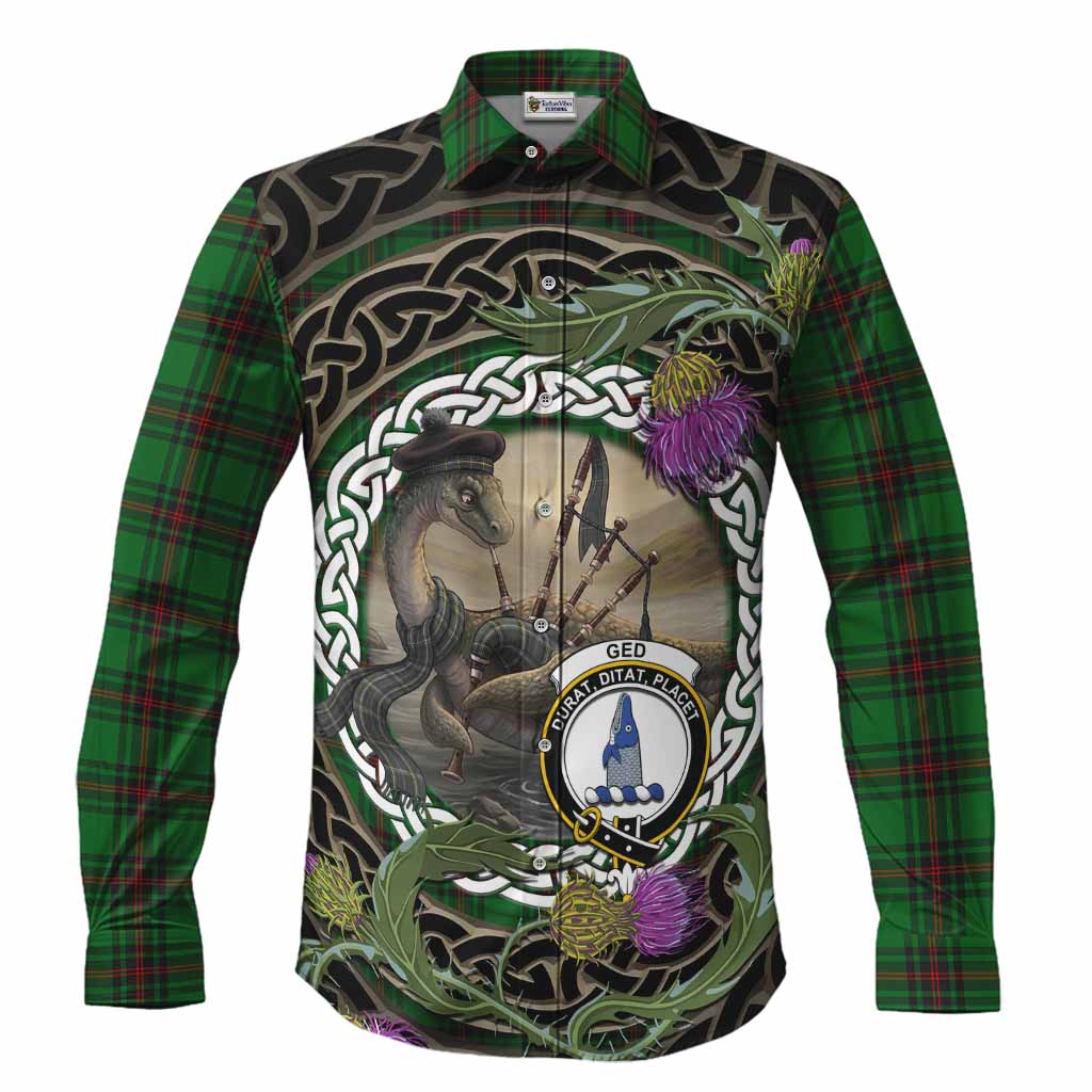 Ged Tartan Crest Bagpipe Nessie Long Sleeve Button Shirts Scottish Loch Ness Monster Celtic Thistle