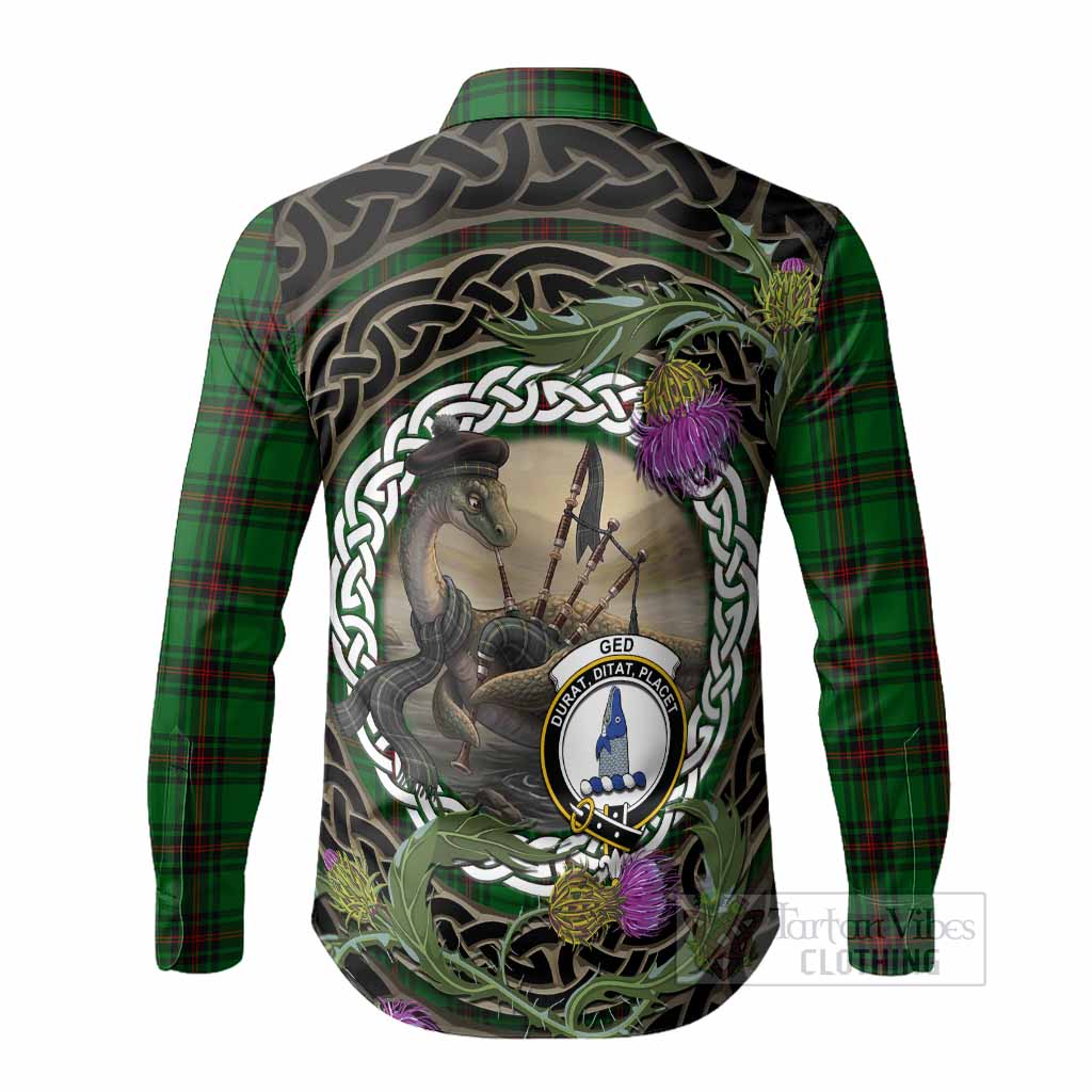 Ged Tartan Crest Bagpipe Nessie Long Sleeve Button Shirts Scottish Loch Ness Monster Celtic Thistle