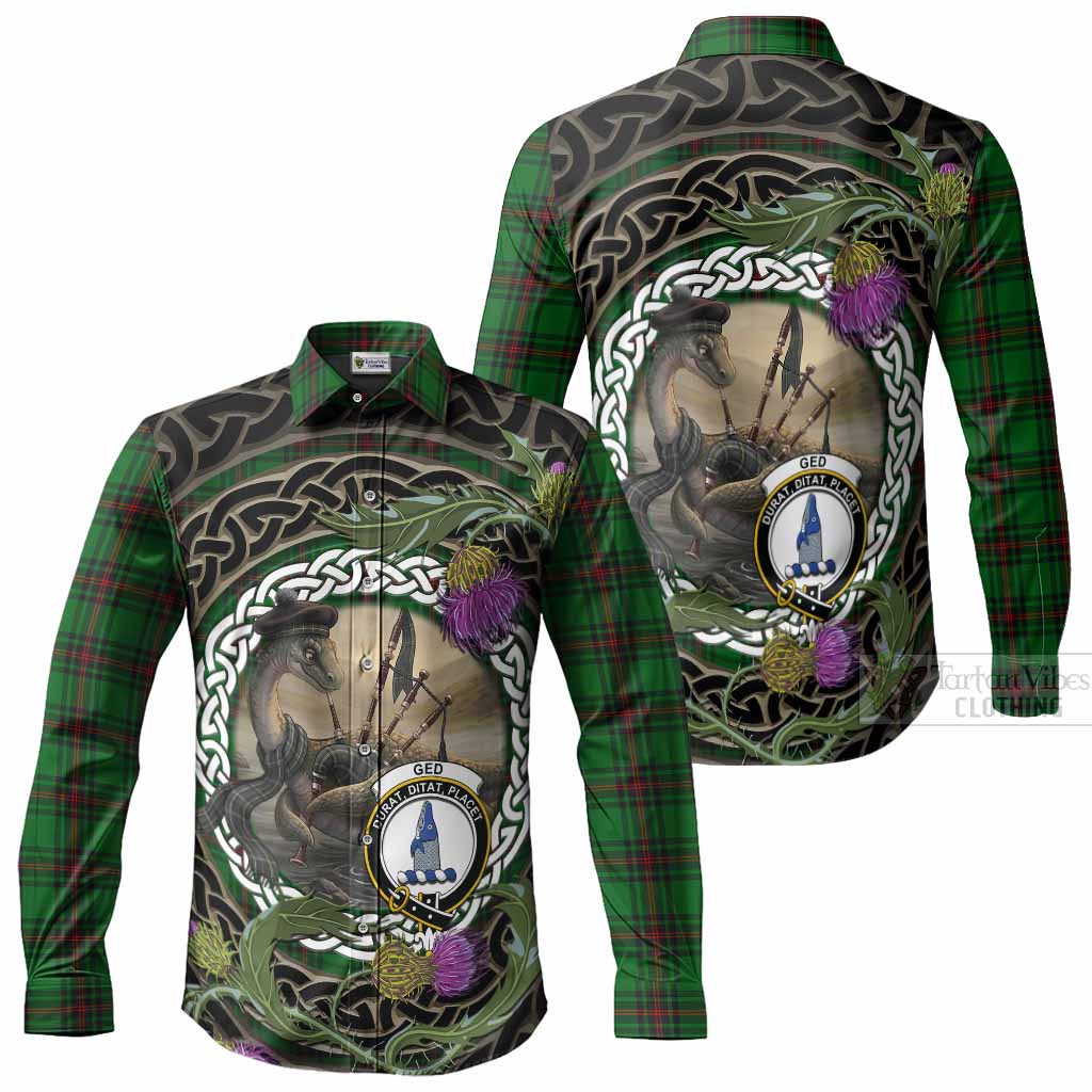 Ged Tartan Crest Bagpipe Nessie Long Sleeve Button Shirts Scottish Loch Ness Monster Celtic Thistle