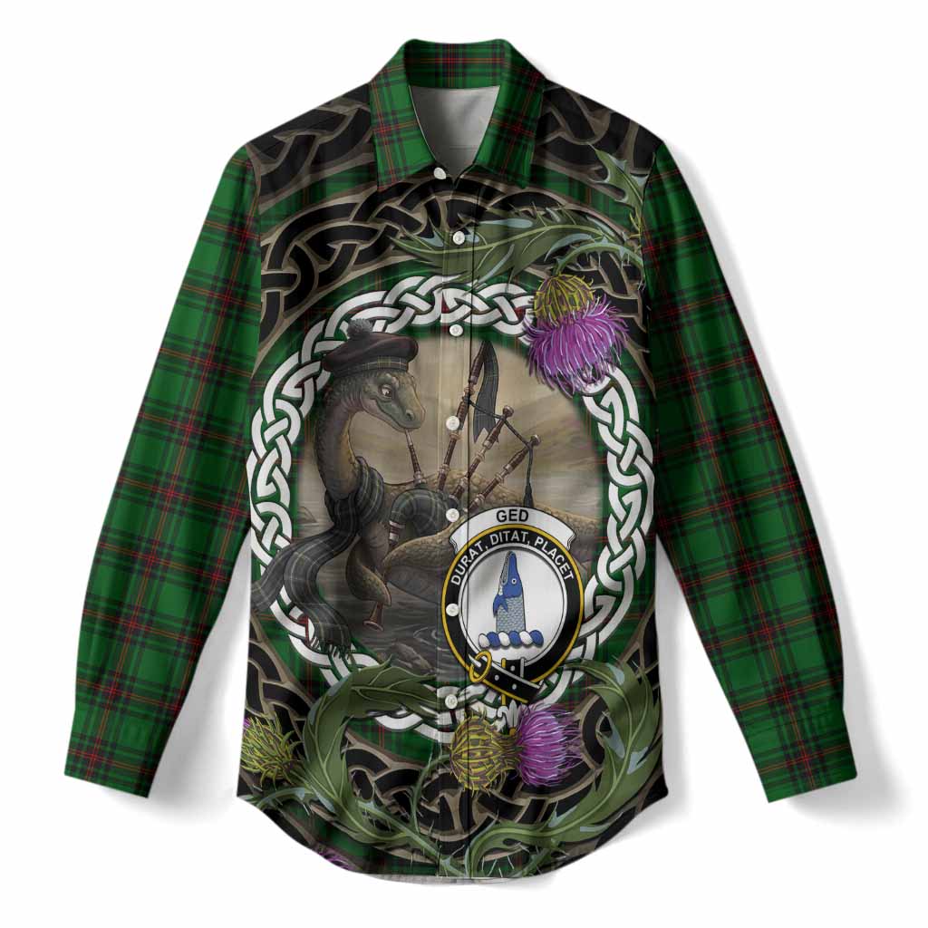 Ged Tartan Crest Bagpipe Nessie Women Casual Shirt Scottish Loch Ness Monster Celtic Thistle