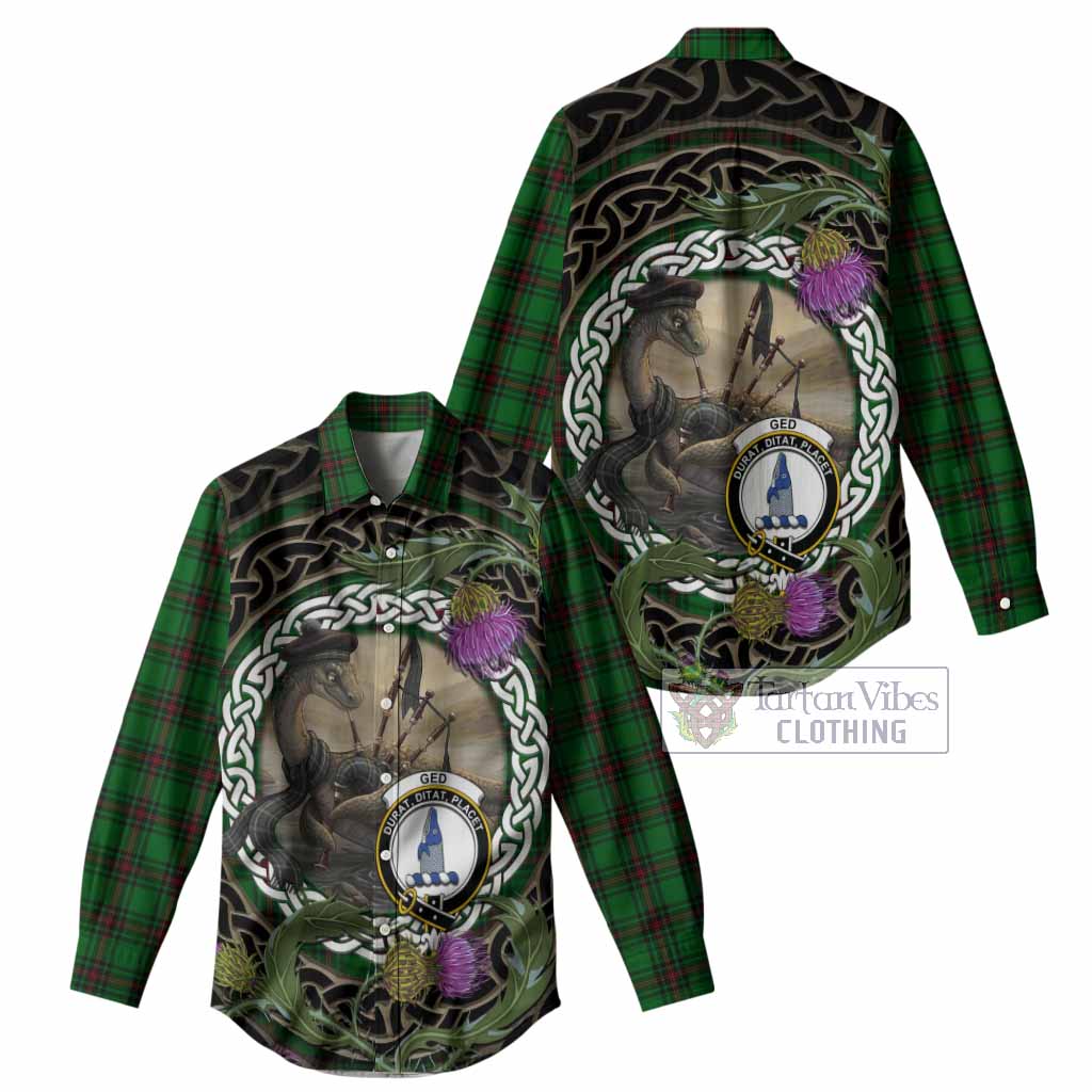 Ged Tartan Crest Bagpipe Nessie Women Casual Shirt Scottish Loch Ness Monster Celtic Thistle