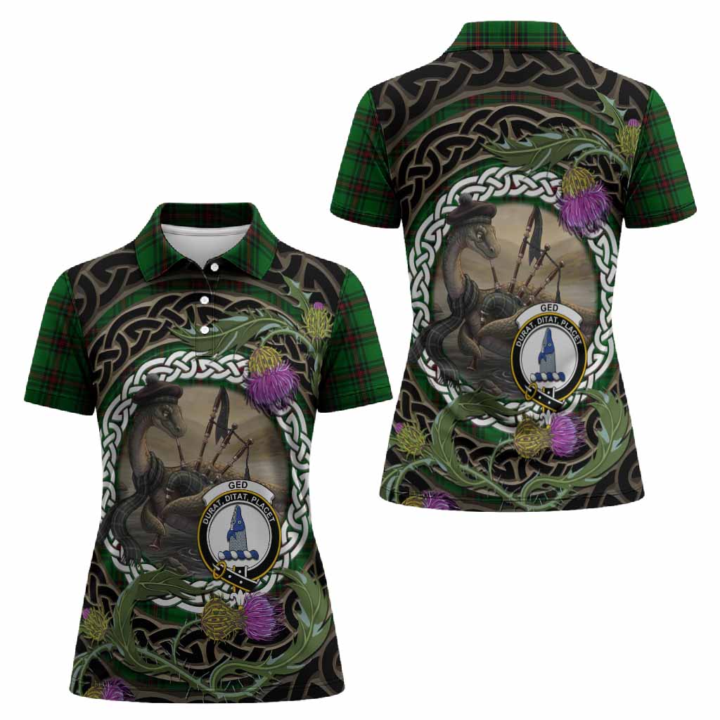 Ged Tartan Crest Bagpipe Nessie Women Polo Shirt Scottish Loch Ness Monster Celtic Thistle