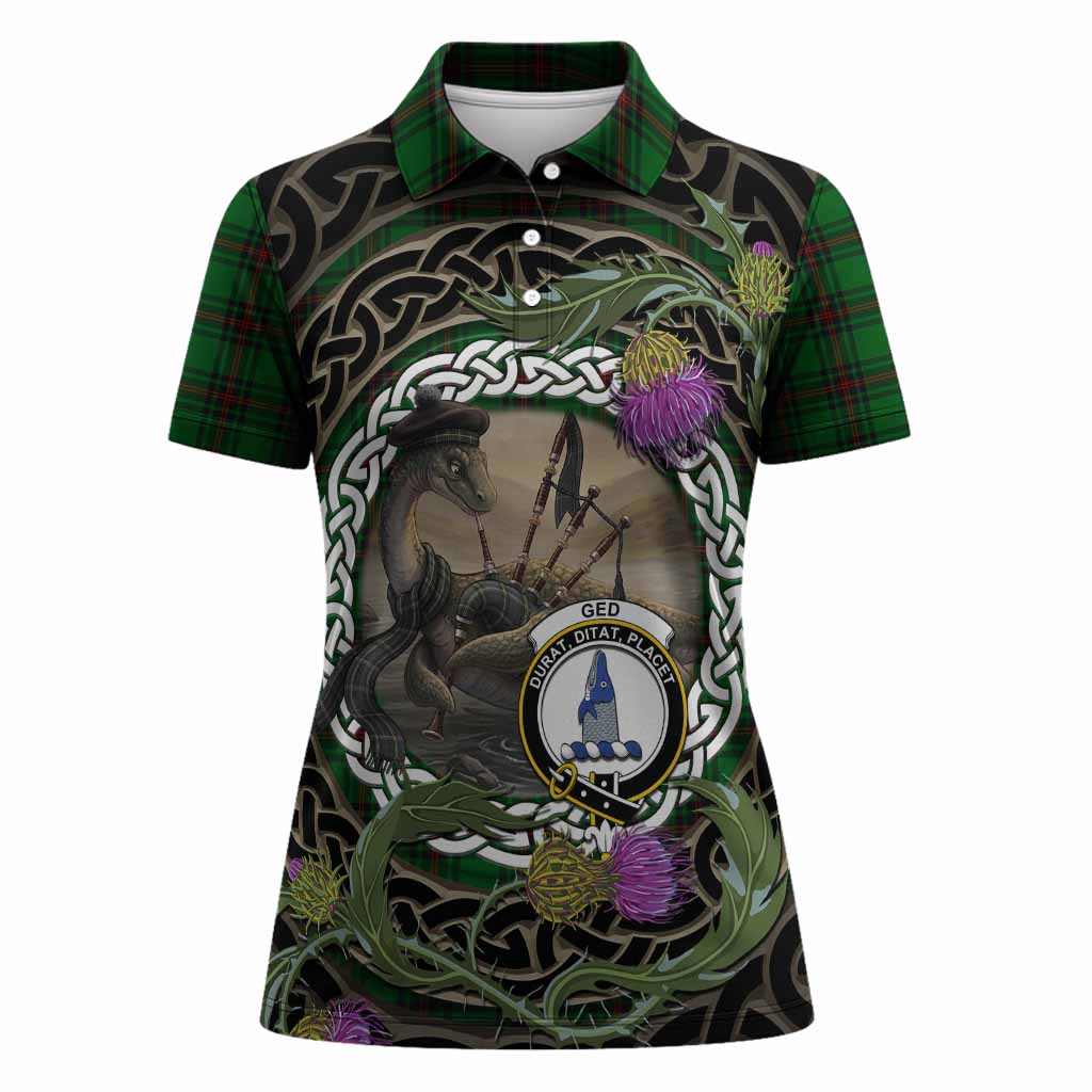 Ged Tartan Crest Bagpipe Nessie Women Polo Shirt Scottish Loch Ness Monster Celtic Thistle