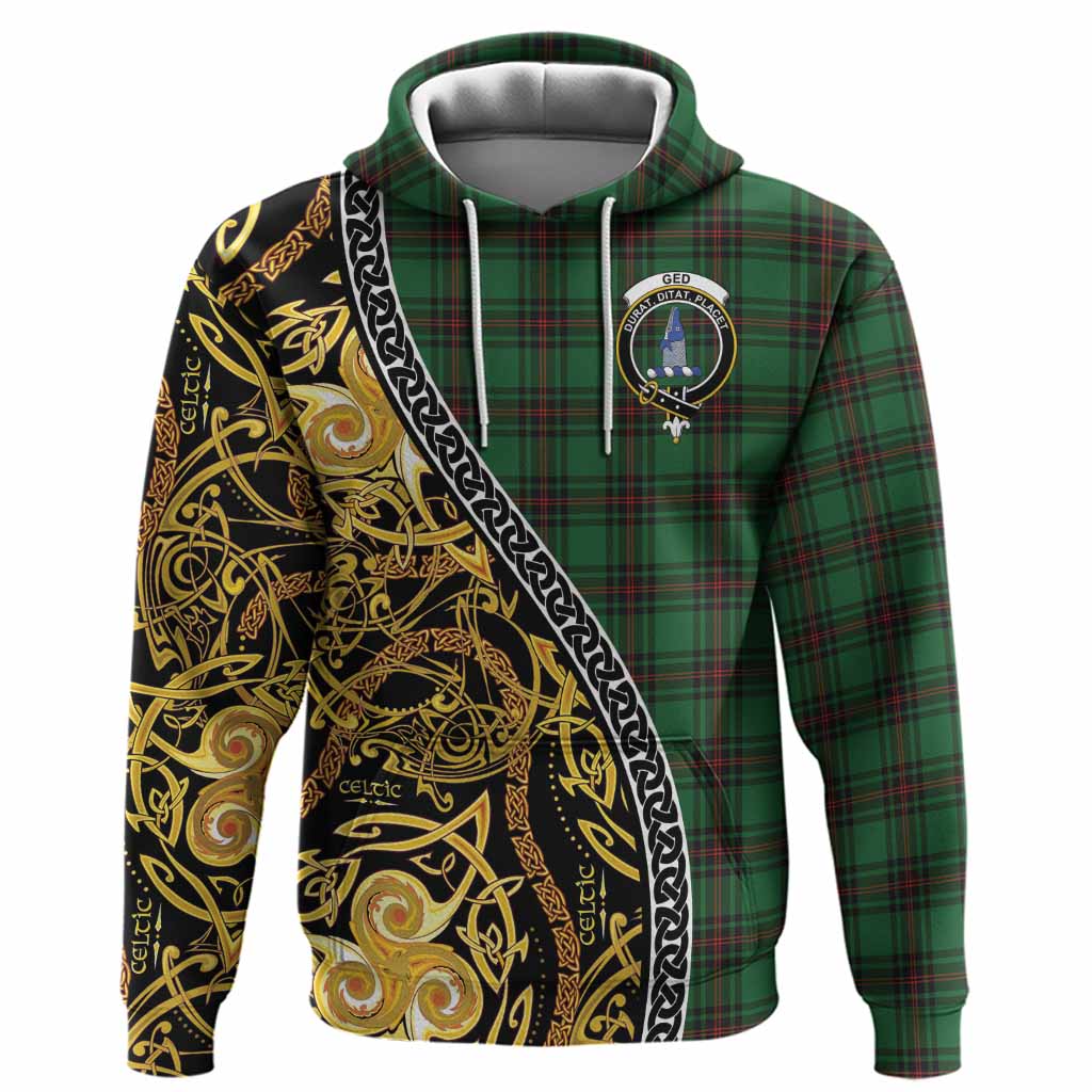 Ged Tartan Crest Hoodie Celtic Knot and Triple Trickle Spiral Symbols