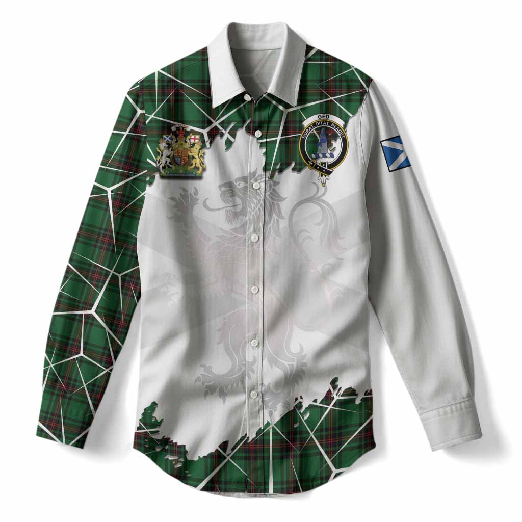 Ged Tartan Women Casual Shirt with Family Crest and Lion Rampant Grunge Style