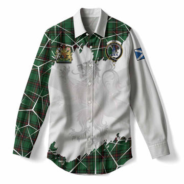 Ged Tartan Women Casual Shirt with Family Crest and Lion Rampant Grunge Style