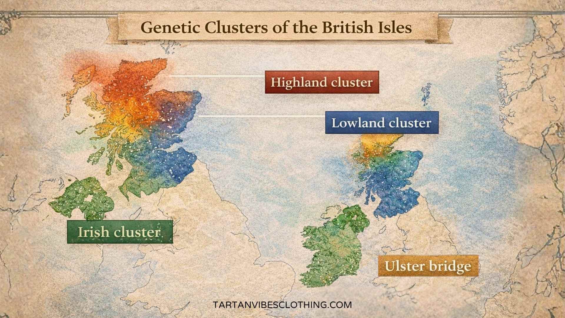 Genetic clusters of Scots and Irish showing Highland, Lowland and Ulster DNA patterns