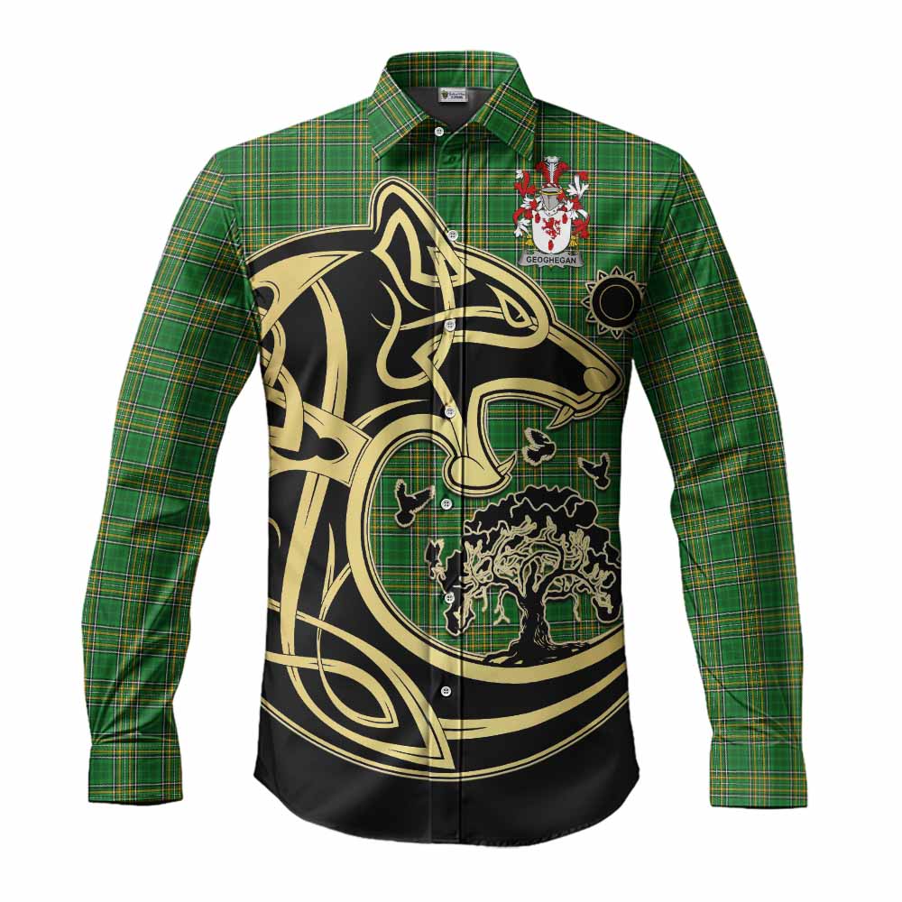 Tartan Vibes Clothing Geoghegan Irish Tartan Long Sleeve Button Shirt with Coat of Arms Celtic Wolf Style