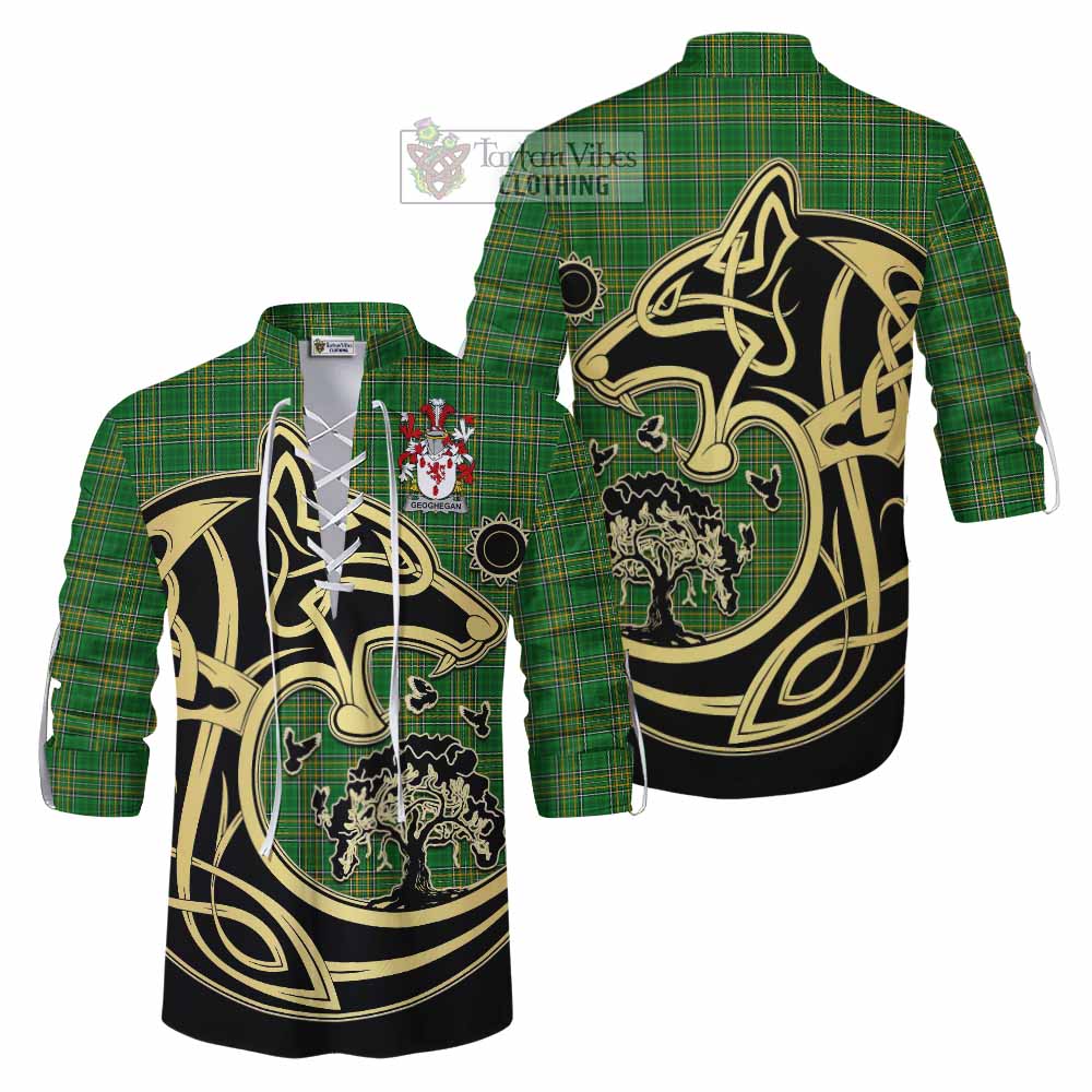 Tartan Vibes Clothing Geoghegan Irish Tartan Ghillie Kilt Shirt with Coat of Arms Celtic Wolf Style