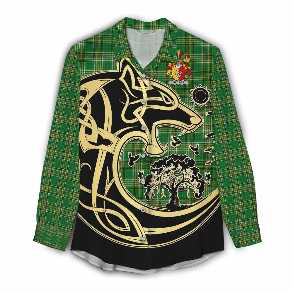 Tartan Vibes Clothing George Irish Tartan Women's Casual Shirt with Coat of Arms Celtic Wolf Style