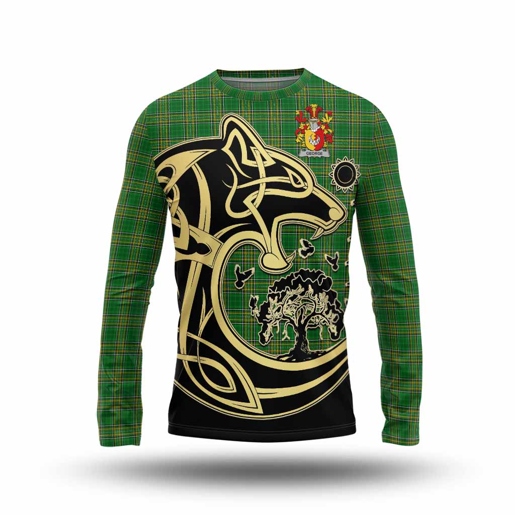 George Irish Tartan Long Sleeve T-Shirt with Coat of Arms Celtic Wolf Style Unisex - Tartan Vibes Clothing