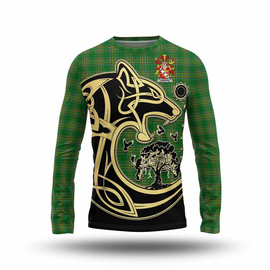 Tartan Vibes Clothing Gibbons Irish Tartan Long Sleeve T-Shirt with Coat of Arms Celtic Wolf Style