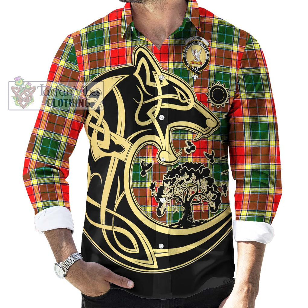 Gibbs Tartan Long Sleeve Button Shirt with Family Crest Celtic Wolf Style - Tartan Vibes Clothing