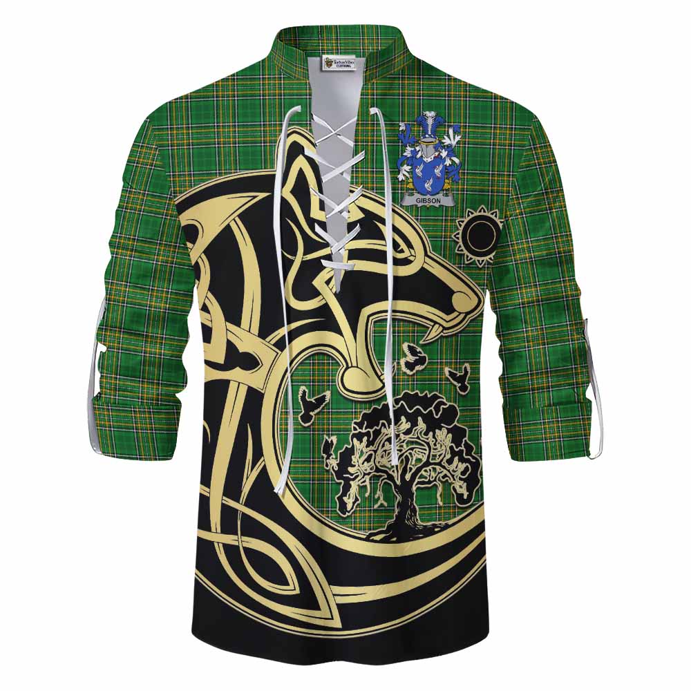 Tartan Vibes Clothing Gibson Irish Tartan Ghillie Kilt Shirt with Coat of Arms Celtic Wolf Style