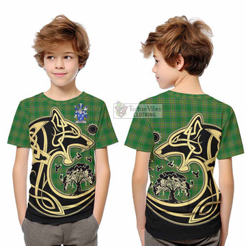 Tartan Vibes Clothing Gibson Irish Tartan Kid T-Shirt with Coat of Arms Celtic Wolf Style