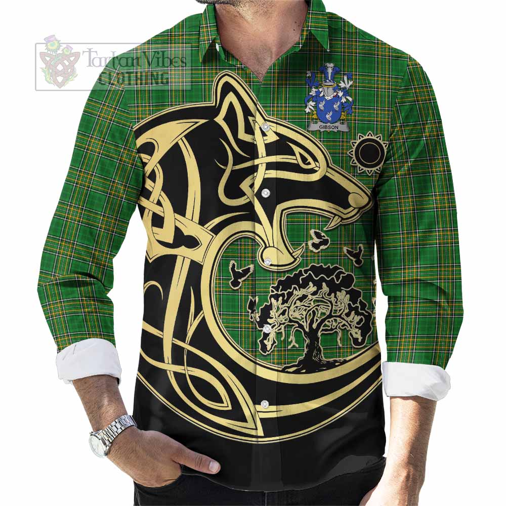 Tartan Vibes Clothing Gibson Irish Tartan Long Sleeve Button Shirt with Coat of Arms Celtic Wolf Style