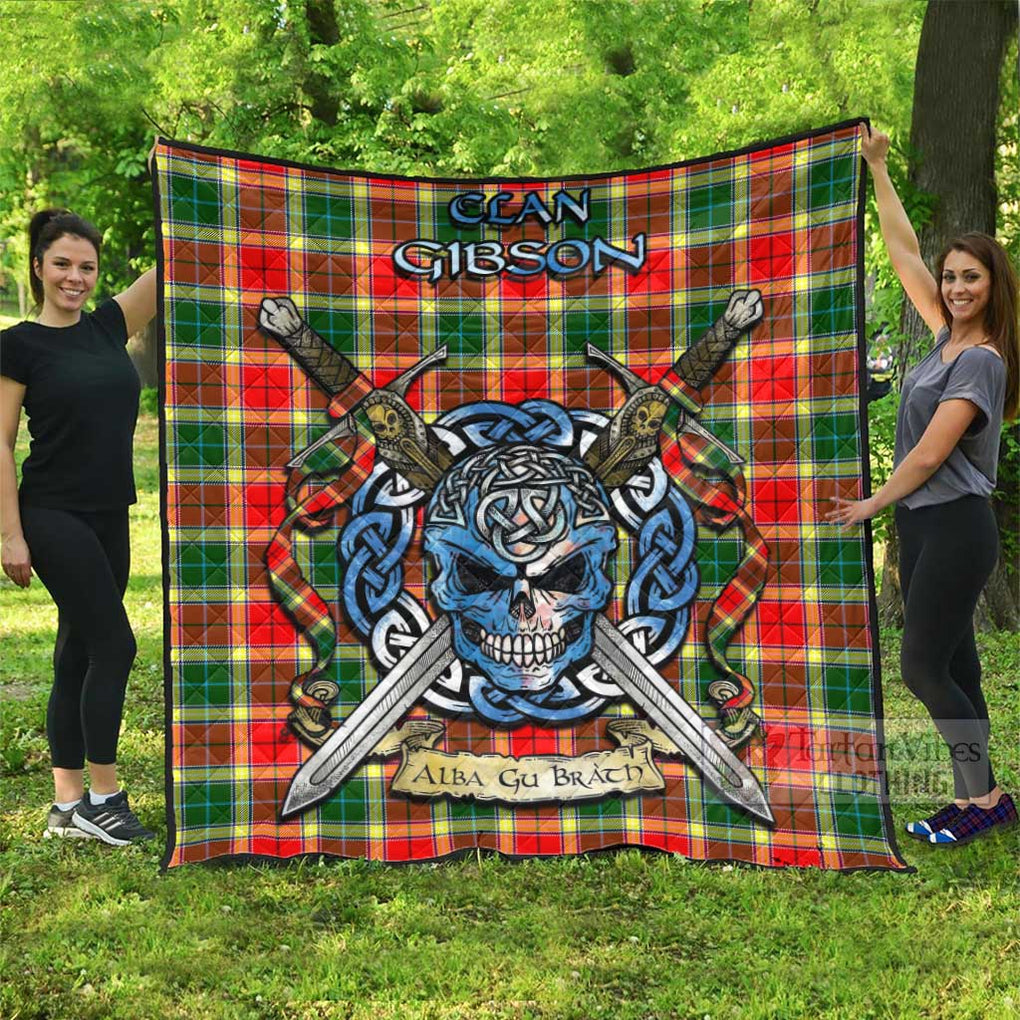 Gibson (Gibbs or Gibsone) Tartan Quilt with Celtic Skull Alba Gu Brath Style Super King Quilt 91" x 110" - Tartan Vibes Clothing