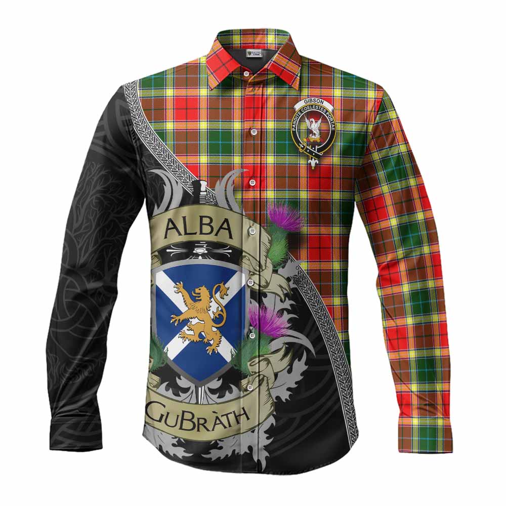 Tartan Vibes Clothing Gibson (Gibbs or Gibsone) Tartan Family Crest Long Sleeve Button Shirt Lion Rampant Royal Thistle Shield Celtic Inspired