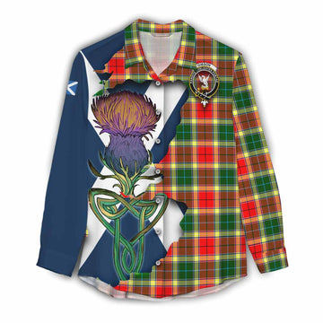 Tartan Vibes Clothing Gibson (Gibbs or Gibsone) Tartan Family Crest Women's Casual Shirt Scottish Thistle Celtic Inspired