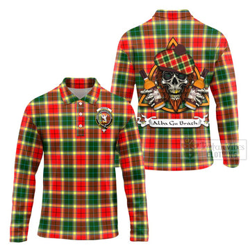 Gibson (Gibbs or Gibsone) Tartan Long Sleeve Polo Shirt with Family Crest and Bearded Skull Holding Bottles of Whiskey Unisex - Tartan Vibes Clothing