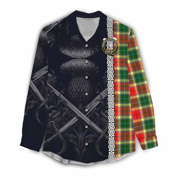 Tartan Vibes Clothing Gibson (Gibbs or Gibsone) Tartan Women's Casual Shirt with Family Crest Cross Sword Thistle Celtic Vibes