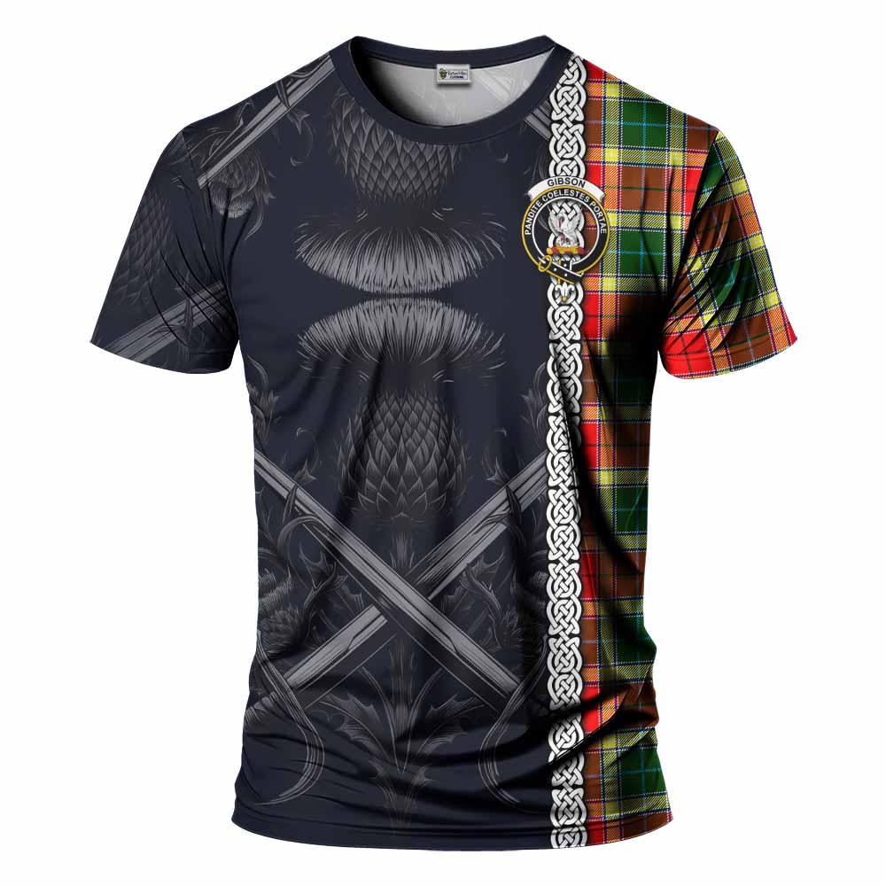 Tartan Vibes Clothing Gibson (Gibbs or Gibsone) Tartan T-Shirt with Family Crest Cross Sword Thistle Celtic Vibes