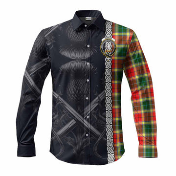 Tartan Vibes Clothing Gibson (Gibbs or Gibsone) Tartan Long Sleeve Button Shirt with Family Crest Cross Sword Thistle Celtic Vibes