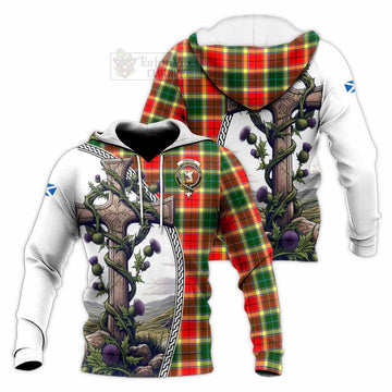 Gibson (Gibbs or Gibsone) Tartan Knitted Hoodie with Family Crest and St. Andrew's Cross Accented by Thistle Vines Unisex Knitted Pullover Hoodie - Tartan Vibes Clothing