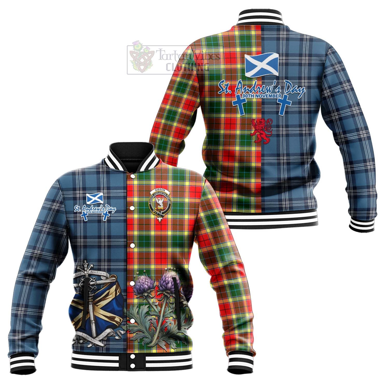 Gibson (Gibbs or Gibsone) Tartan Baseball Jacket Happy St. Andrew's Day Half Tartan Style Unisex - Tartan Vibes Clothing